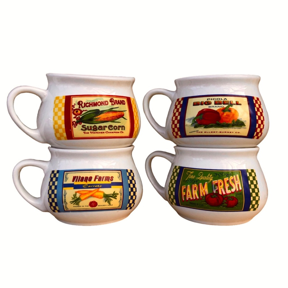 Vintage Set Of 4 DAT'L DO-IT INC DDI Farm Signs Soup Mugs Bowls Cups